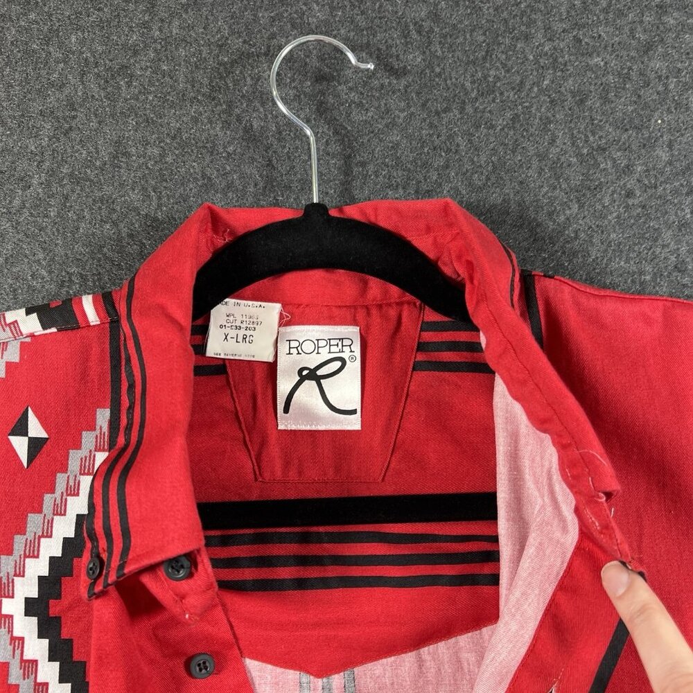 Roper Border Western VTG 90s Shirt Red & Black Aztec Striped Mens XL USA - Picture 11 of 16